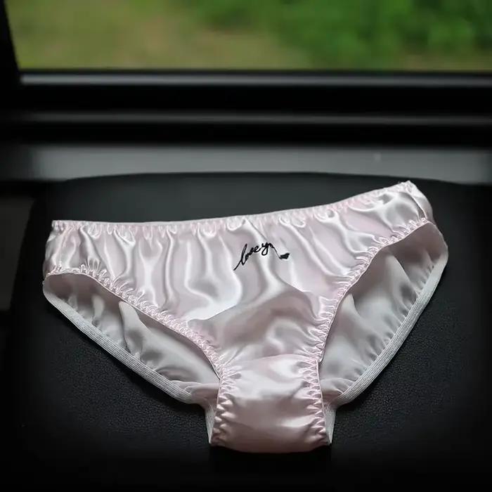 Love You-Slip audible en satin de soie de mûrier brodé pour femme, sexy, doux, bactériostatique, respirant