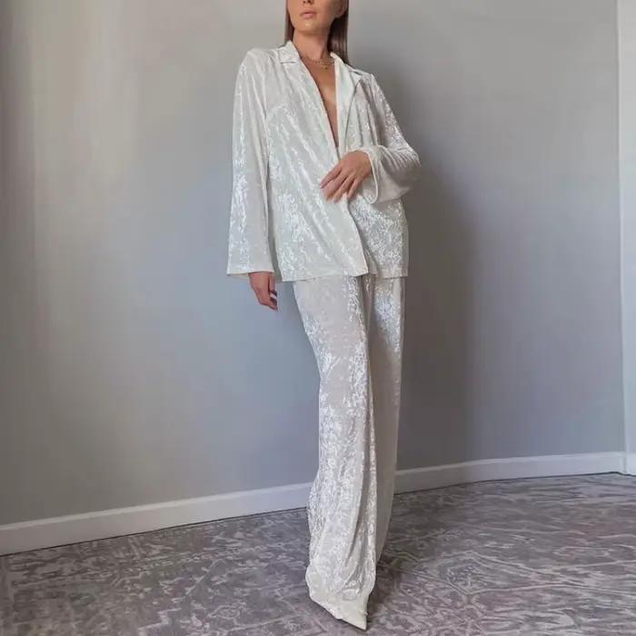Pyjama de luxe pour femmes, ensemble deux pièces élégant, manches longues, chemise à revers, pantalon à jambes larges, tenues d'automne et d'hiver, vêtements de nuit