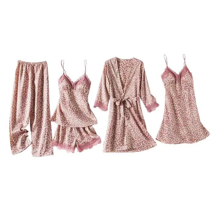 Ensemble de pyjamas en rayonne pour femmes, peignoir à imprimé léopard rose, chemise de nuit décontractée, vêtements d'intérieur sexy, 5 pièces