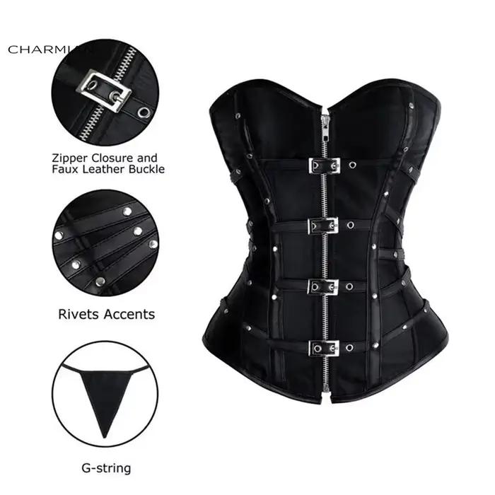 Corset en cuir steampunk Charmian pour femme, sexy, gothique, avec rivets, boucles et fermeture éclair, corset surbuste blindé, grande taille GPVITM