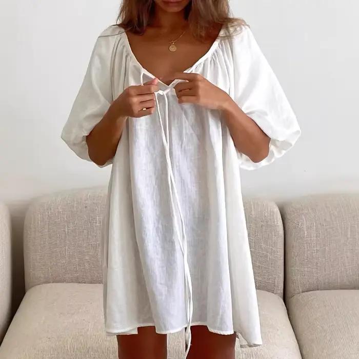 Robe de nuit d'été blanche 2026 pour femme, décontractée, 100 % coton, ample, respirante, confortable, pour la maison, avec lien ajustable