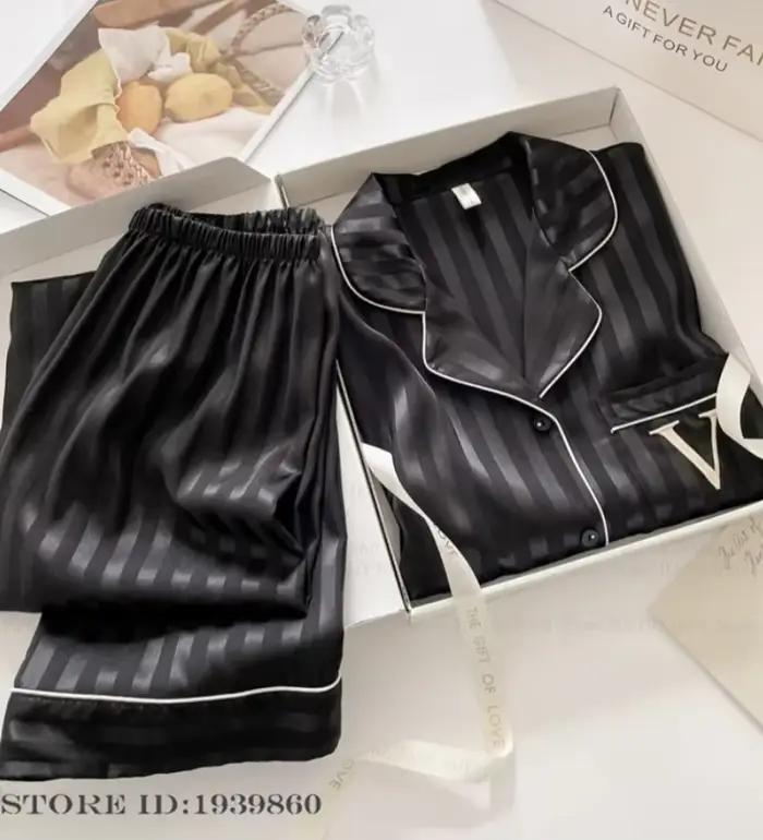 Pyjama femme 2 pièces ensemble mode noir glace vêtements de nuit en soie pantalon costumes vêtements de salon printemps automne nouveaux vêtements de nuit vêtements de maison amples