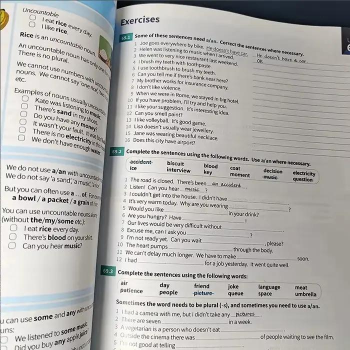 3 livres de grammaire anglaise élémentaire, grammaire anglaise essentielle avancée, livre d'exercices de préparation aux tests d'anglais, optionnel