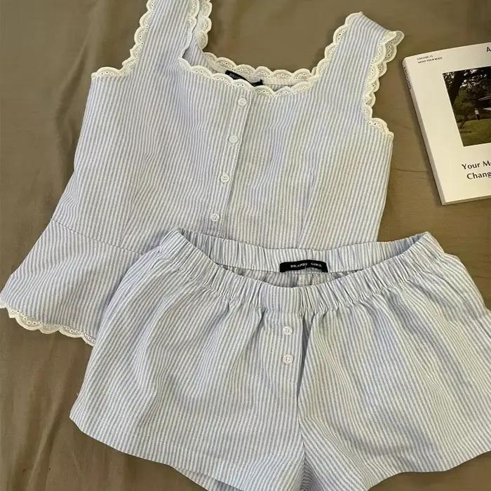 Pyjama rayé pour femmes, vêtements de nuit pour enfants, ensemble 2 pièces en dentelle, vêtements de nuit, débardeur coréen, costume de maison, nouvelle collection 2025