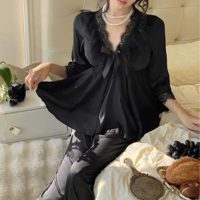 Pyjama princesse Sexy en soie glacée pour femmes, ensemble 2 pièces en dentelle avec nœud papillon, doux, manches longues, pantalon, chemise de nuit, vêtements de nuit, printemps été 2026