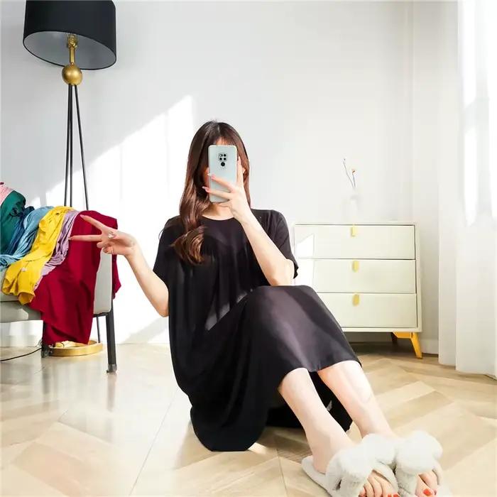 Net rouge nouveau Modal robe de nuit femmes printemps été chemises de nuit élastique vêtements de nuit amples vêtements de maison décontracté dames chemise de nuit