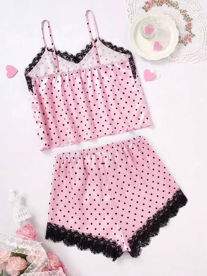 2 pièces pyjama costume femmes mode col en v Stretch Satin dentelle Sexy Lingerie nœud papillon pyjamas ensemble short et haut rose et point rond vêtements de nuit
