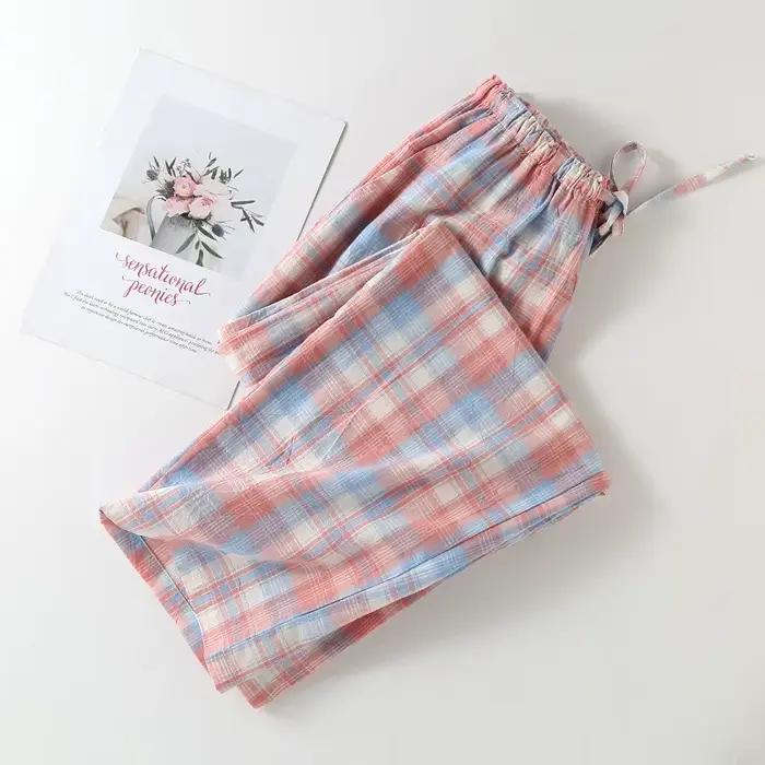 Grande taille japonais minimaliste à carreaux femmes pyjamas pantalons femmes doux maison pantalon ample pantalons décontractés taille élastique maison pantalon