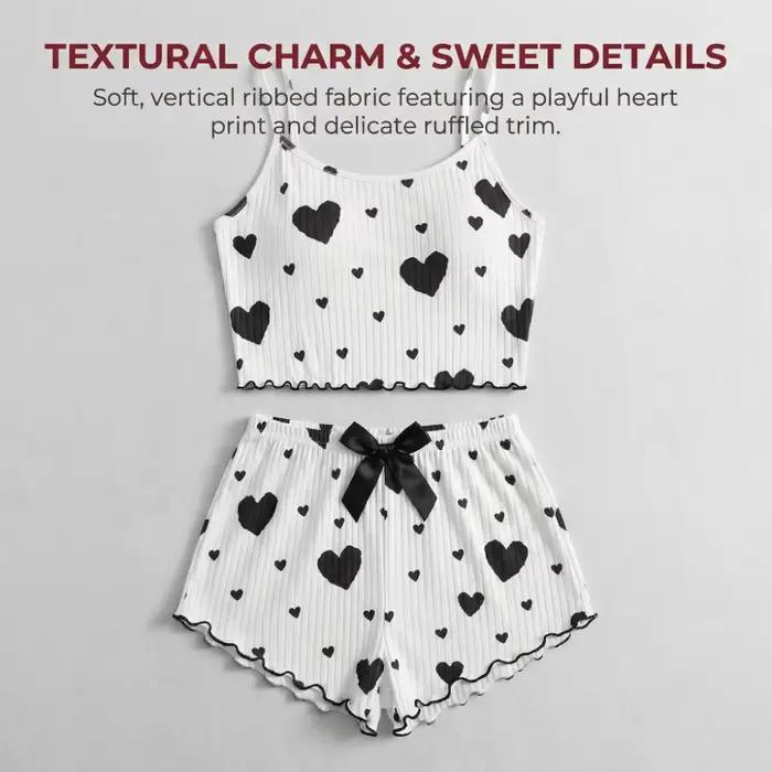 Ensemble de pyjama pour femme Fashion Love Heart, tenue d'intérieur, pyjama deux pièces avec nœud, pyjama d'été, camisole et short pour fille
