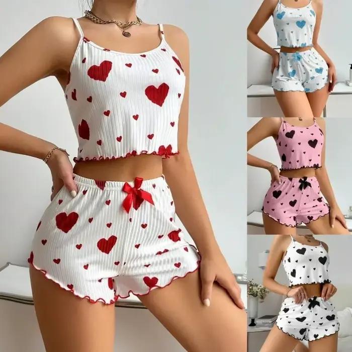 Ensemble de pyjama confortable pour femme, motif cœur, avec nœud, deux pièces, tenue d'intérieur, pyjama d'été, caraco et short pour fille