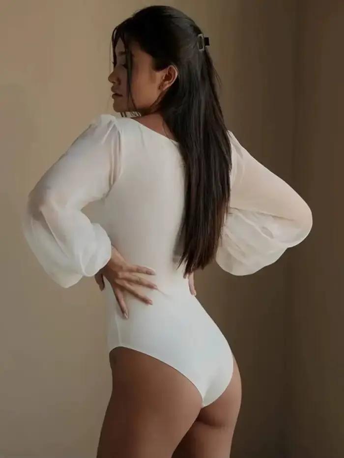 Body sexy pour femme noir, blanc, kaki, moulant, à manches longues, une pièce, en maille, style Y2K, col rond, PWE7