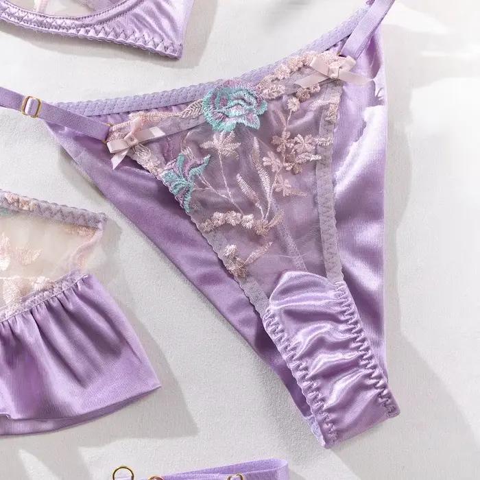 Lingerie sensuelle pour femmes, sous-vêtements fantaisie en soie florale, jarretelles transparentes, ensembles exotiques, produits intimes de luxe féeriques