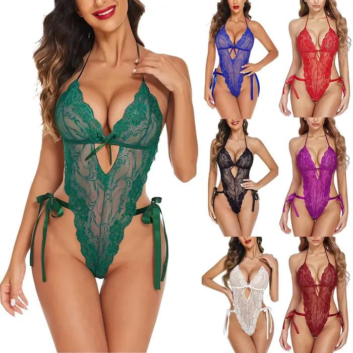Body Sexy en dentelle pour femmes, Lingerie pour dos nu, couleur unie, une pièce, à bretelles, col licou, Costume érotique, teddy