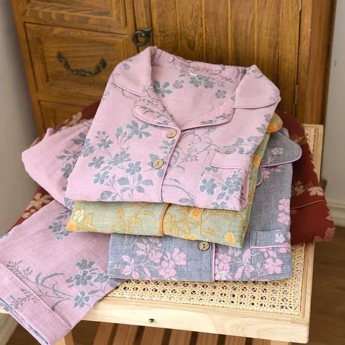 Nouvel ensemble de pyjama 2 pièces pour femme 2026, 100 % coton, pantalon à manches, teint en fil