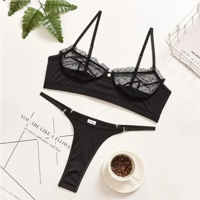 Ensemble de sous-vêtements 2 pièces en dentelle et maille à volants pour femmes, soutien-gorge Transparent, culotte, slip, blanc, Sexy, sans couture