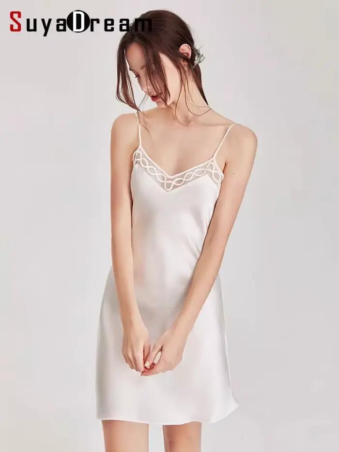 SuyaDream Chemises de nuit 100% soie véritable, robes de maison à col en V, robe de nuit confortable, chemise de nuit d'été, rose, blanc, noir