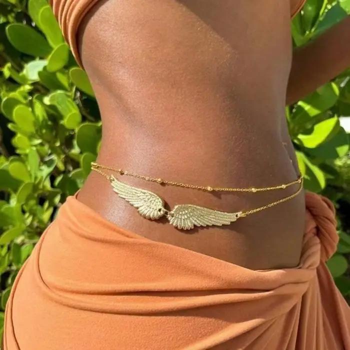 Chaîne de corps élégante à double couche avec ailes, breloque métallique, chaîne de taille avec perles dorées, ceinture de bikini pour la plage