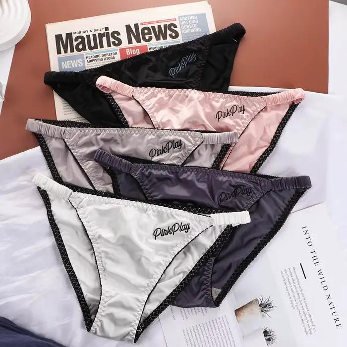 Culotte taille basse en tissu satiné pour femmes, tongs sexy pour filles, sous-vêtements brillants, slips de fitness brodés, caleçons de sport, documents solides