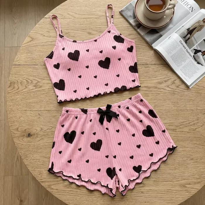Ensemble de pyjama confortable pour femme avec motif cœur, nœud, tenue d'intérieur deux pièces, pyjama d'été avec caraco et short pour fille