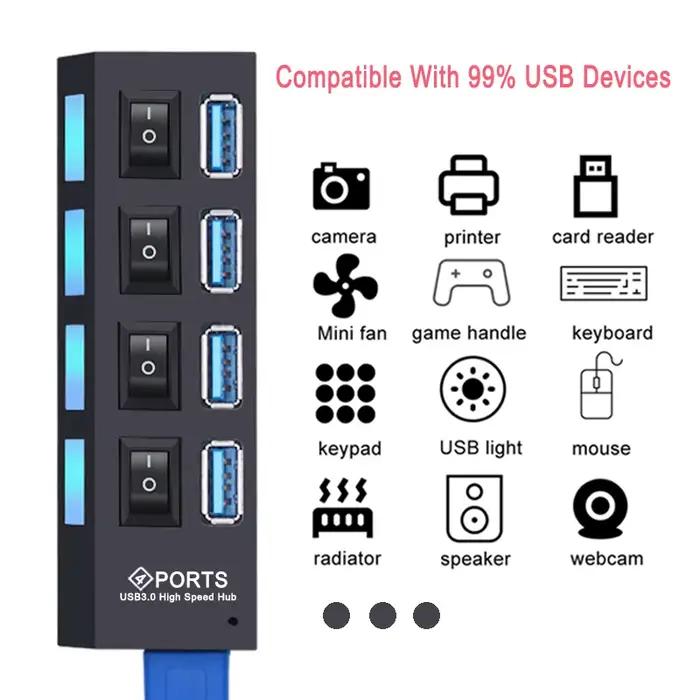 Répartiteur USB 3.0 avec interrupteur pour PC, adaptateur d'alimentation, extenseur multiple, hub 2.0, USB 3, USB 4/7, 2.0 ports