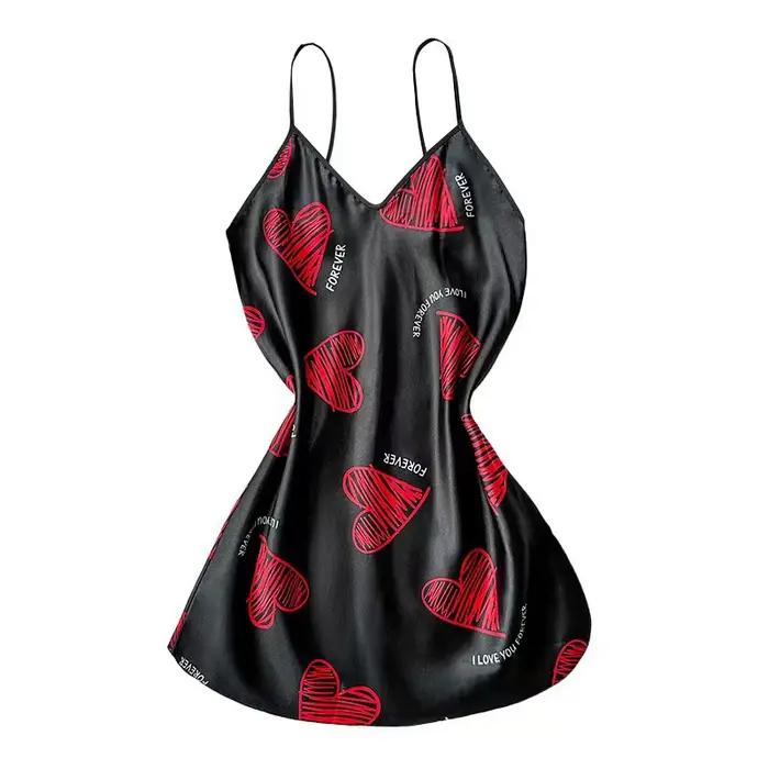 Robe de nuit en satin rouge à imprimé lèvres, col en V, dos nu, mini-robe de nuit pour femmes