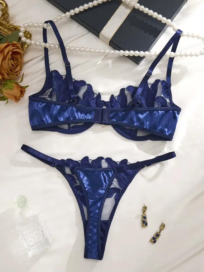 Ensemble de lingerie brodée Lys Bleu Style Luxe - Soutien-gorge en résille transparente - Lingerie féminine élégante rétro française ZA824031