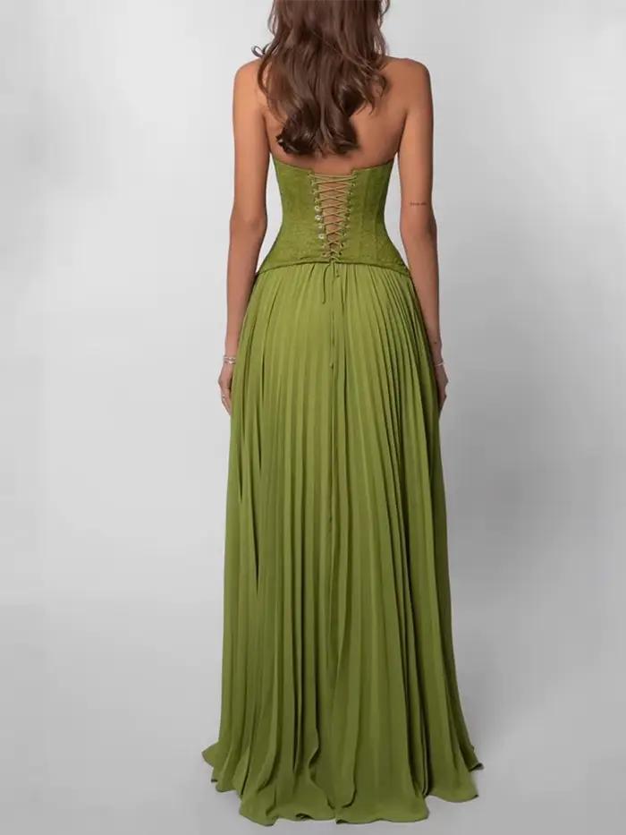 Robe longue corset vert pour femme, dos nu, patchwork, à lacets, plissée, coupe ajustée, maxi, élégante, pour soirée, été 2026
