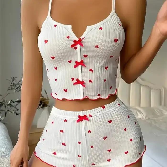 Ensemble pyjama imprimé cœur pour femme, tissu côtelé doux avec bordure à volants, haut décontracté et short, vêtements de nuit et de détente