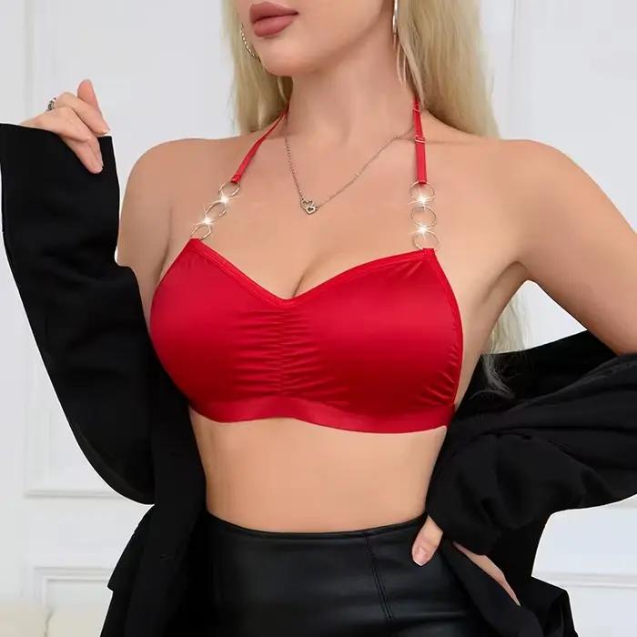 1 pièce Bralette rouge pour femme avec anneaux métalliques, dos nu, style crop top, en satin froncé, pour soirée, boîte de nuit, tenue de club, sous-vêtement