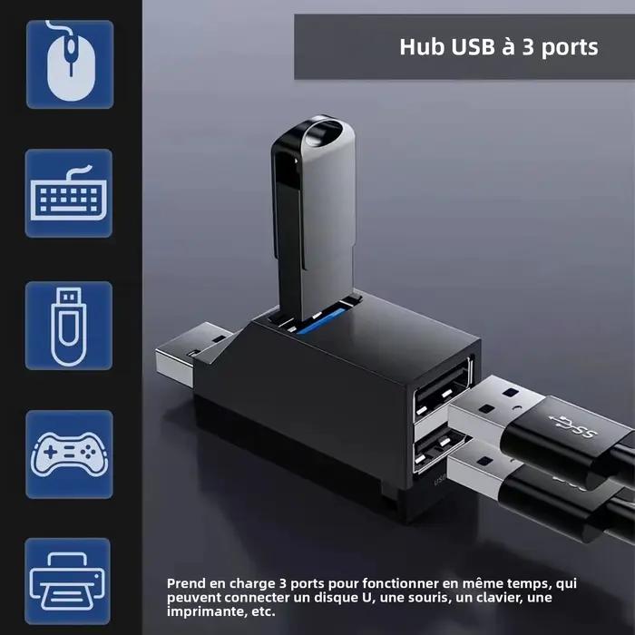Hub USB 3.0, adaptateur et distributeur USB-A 3 ports, Plug and Play, aucun pilote requis, facile à utiliser, pour ordinateur portable, PC, voiture, Mac Pro, iPa