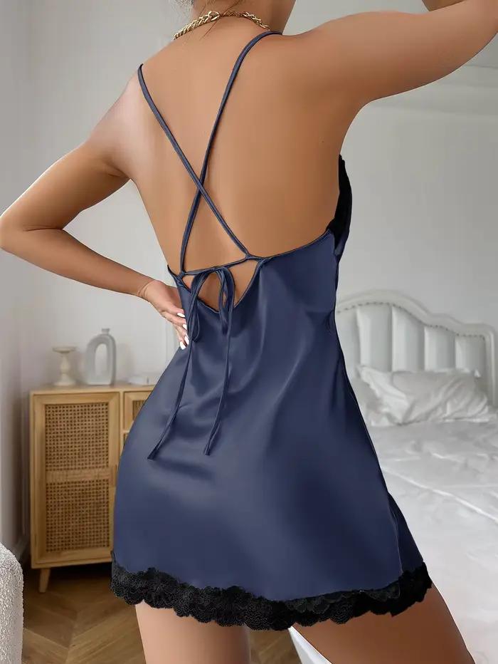 Abonnés-Robe de nuit en satin de dentelle pour femmes, V profond, dos nu, à lacets fendus, robe de nuit Slip, vêtements de nuit