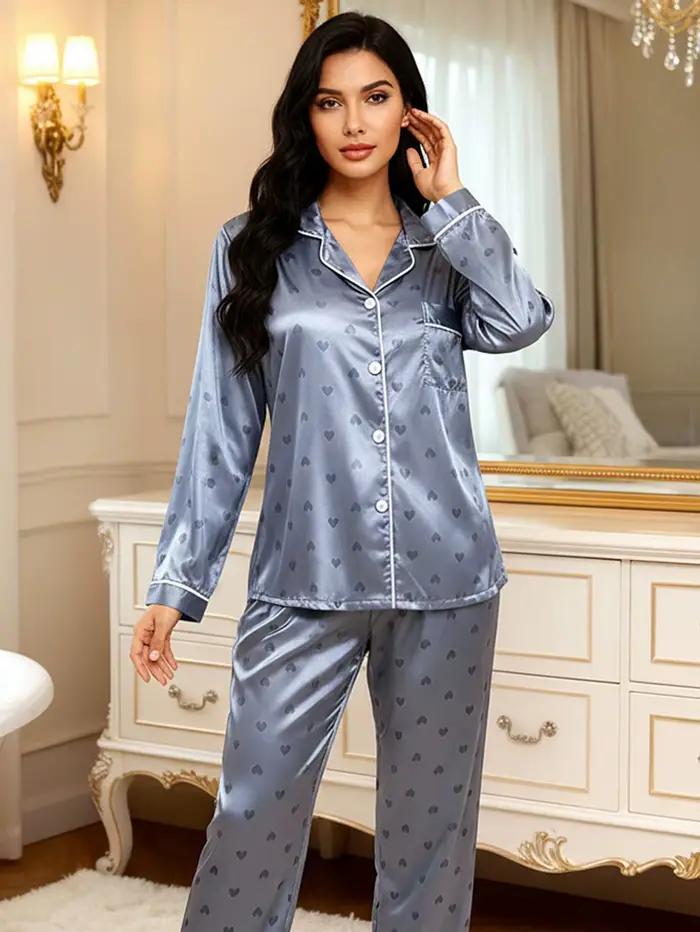 Femmes Pyjamas Satin-like coeur imprimé à manches longues et pantalons pyjama ensemble revers cou vêtements de nuit Pyjamas pour femmes Pijamas pantalons ensembles