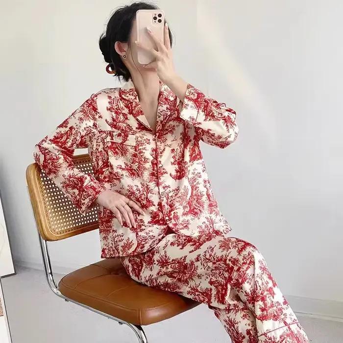 Ensemble pyjama en soie glacée et neige imprimé à l'encre pour femmes, vêtements de nuit simples à petit revers, manches longues, pour la maison, printemps et automne