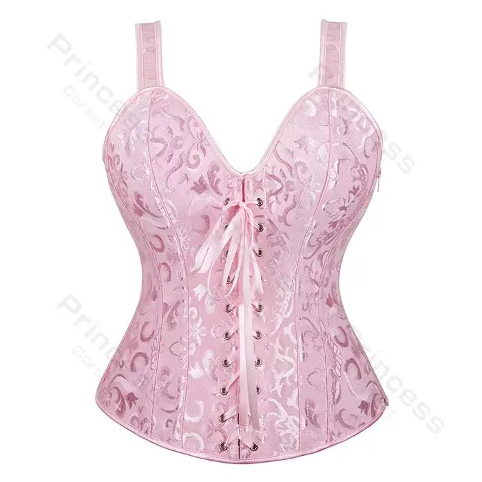 Corset victorien rose pour femme, haut bustier, surbuste, princesse, garniture en dentelle, costume de lingerie Showgirl, grande taille