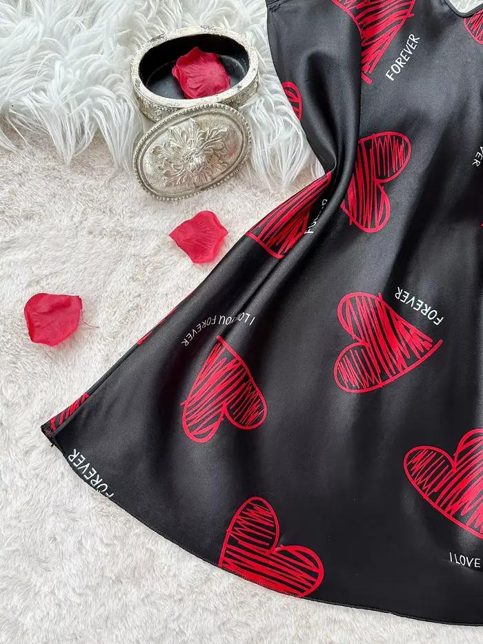 Chemise de nuit en Satin imprimé lèvres rouges pour la saint-valentin, col en V, dos nu, Mini robe de nuit, vêtements de nuit pour femmes