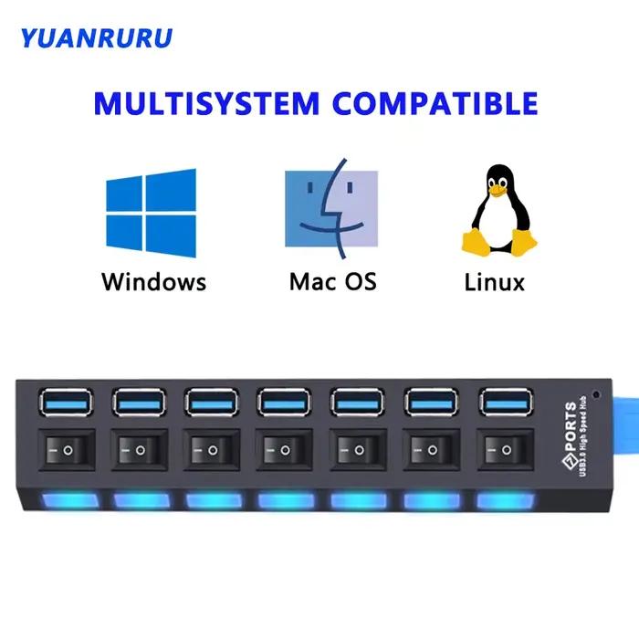 Répartiteur USB 3.0 avec interrupteur pour PC, adaptateur d'alimentation, extenseur multiple, hub 2.0, USB 3, USB 4/7, 2.0 ports