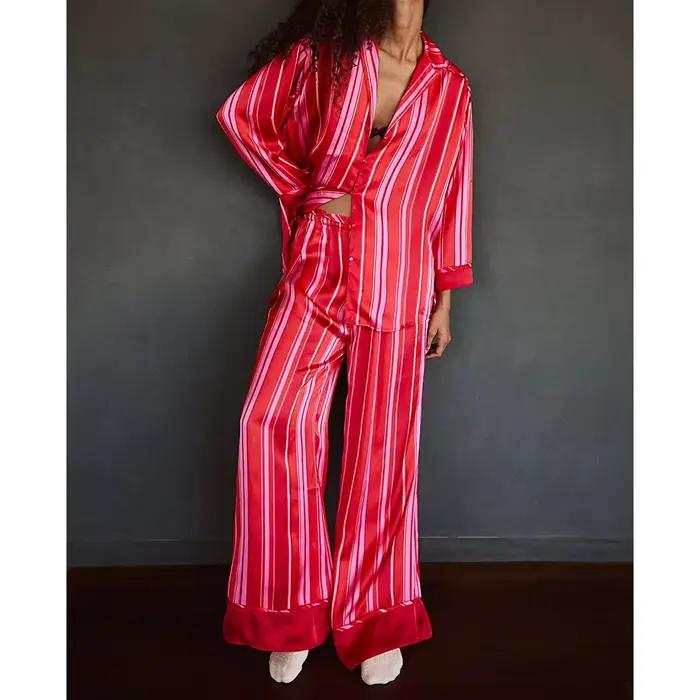 Ensemble pyjama 2 pièces en Satin de soie pour femmes, motif Floral, ample, jambes larges, pantalon de nuit avec chemises boutonnées à manches longues