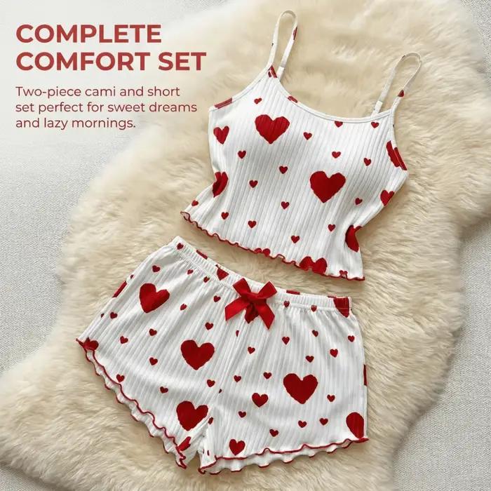 Ensemble de pyjama confortable pour femme avec motif cœur, nœud, tenue d'intérieur deux pièces, pyjama d'été avec caraco et short pour fille