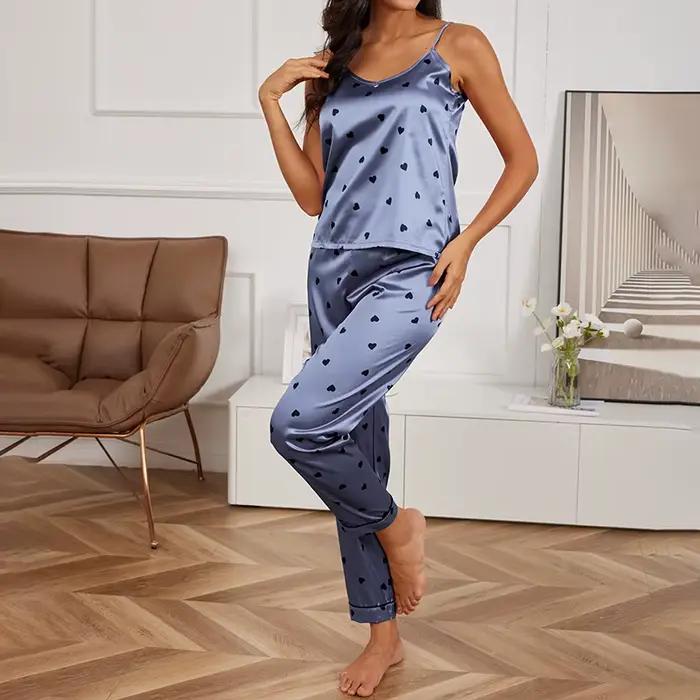 Pyjama imprimé cœur pour femme, haut caraco à col en V sexy, pantalon à ceinture élastique, vêtements de nuit et vêtements de détente pour femme, pyjama 2 pièces
