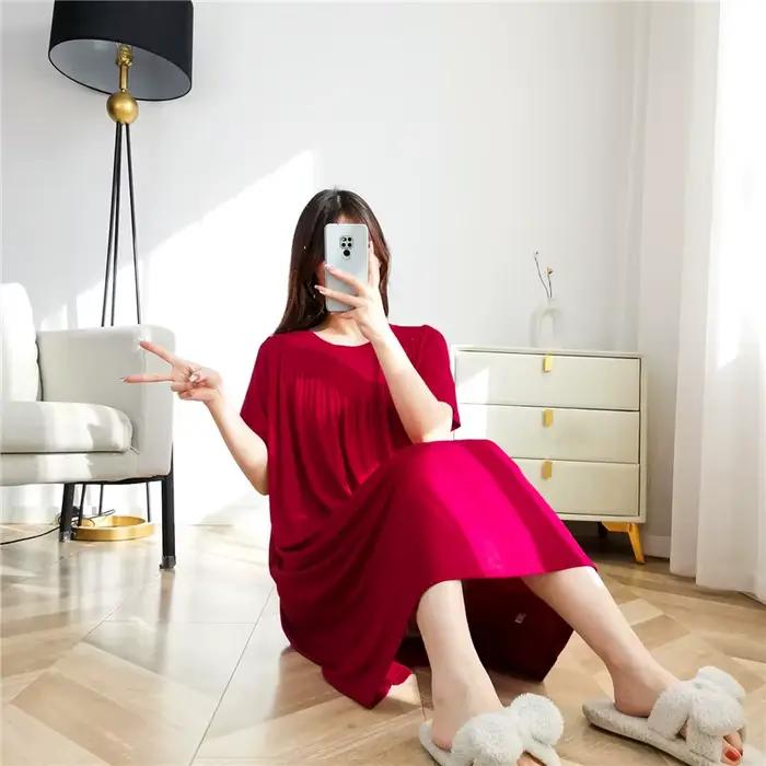 Net rouge nouveau Modal robe de nuit femmes printemps été chemises de nuit élastique vêtements de nuit amples vêtements de maison décontracté dames chemise de nuit