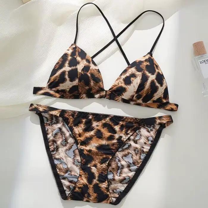 Soutien-gorge imprimé léopard tendance, fermeture avant triangulaire à la française, dos fin et élégant, bretelles spaghetti, lingerie confortable pour femme, idéal pour l'été et le quotidien