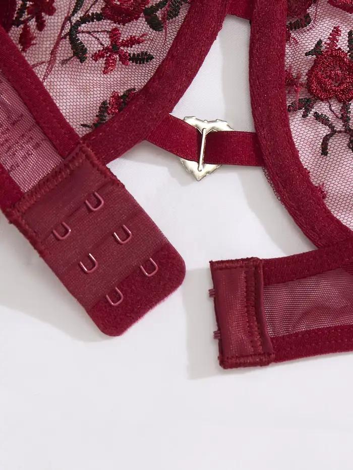 Ensemble de lingerie vintage français brodé de roses rouge vin - soutien-gorge en résille + T-shirt - lingerie féminine sexy et sensuelle ZA824026