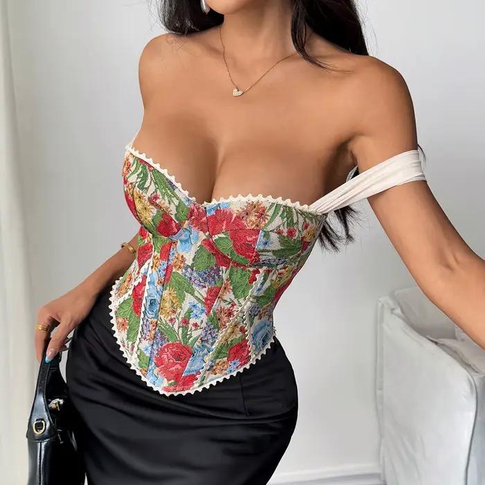 Corset en arête de poisson imprimé Jacquard pour femme, Sexy, épaules nues, Camisole, haut court, col licou, gilet Slim, gilet français d'été