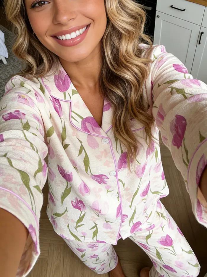 Pyjama femme à revers cranté, manches longues et pantalon, ensemble 2 pièces, imprimé tulipes mignon, pour printemps, automne, hiver, vêtements d'intérieur
