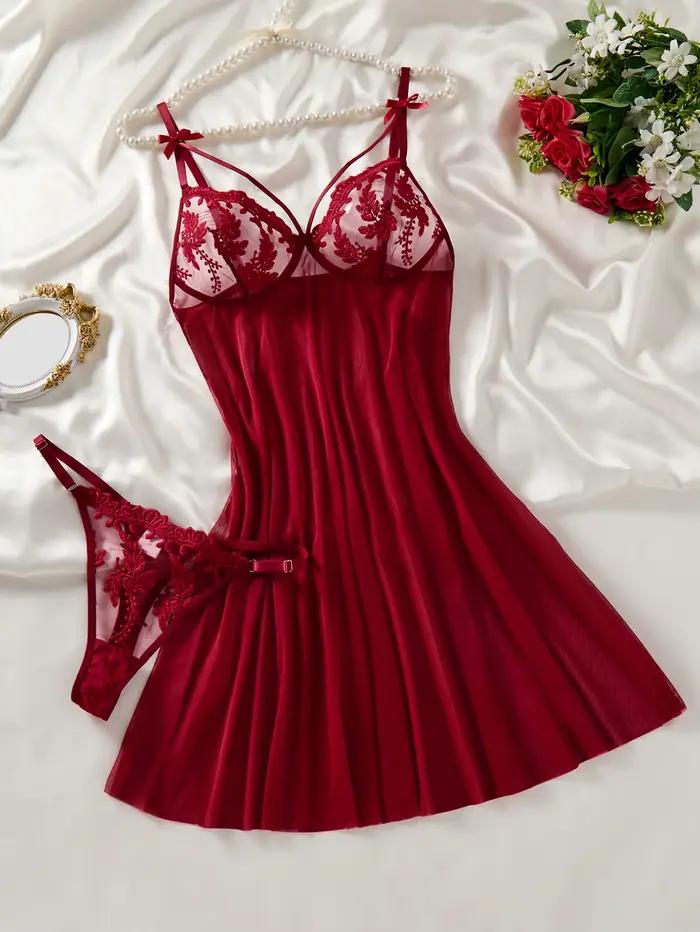 Chemise de nuit semi-transparente brodée d'oreilles de blé style campagne rouge vin pour femme, élégante et confortable, design nœud ZA825066