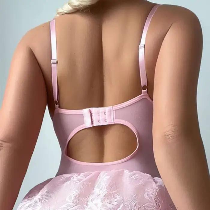 Body Sexy en dentelle avec bas jarretelles, tissu Polyester pour jeu de rôle amusant, Costume de reine de fête pour fille mignonne, vêtements de nuit Sexy