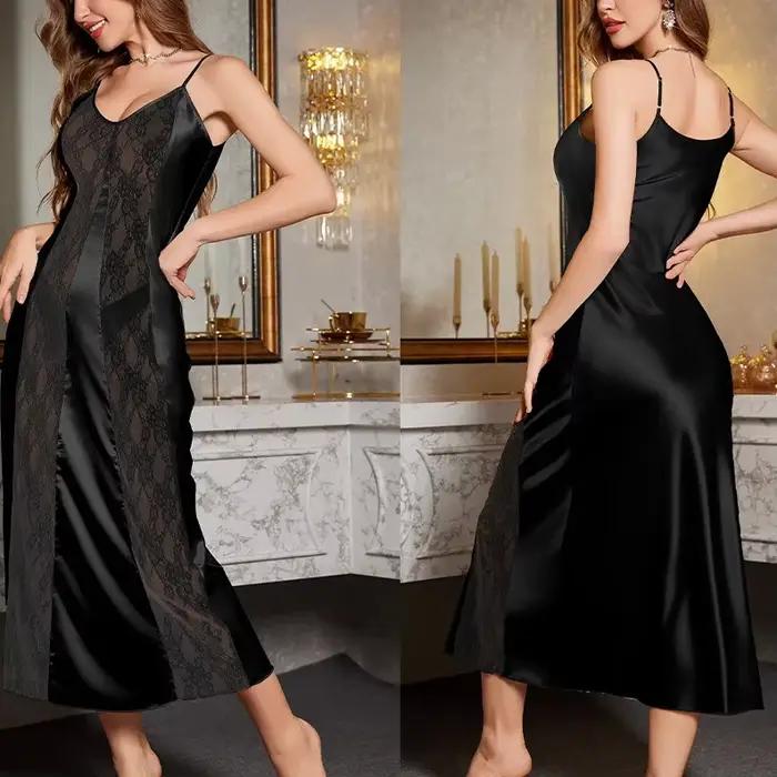 Dame Sexy chemise de nuit fronde Homewear dentelle garniture chemise de nuit Satin Lingerie été nouveaux sous-vêtements Satin maille Perspective vêtements de nuit