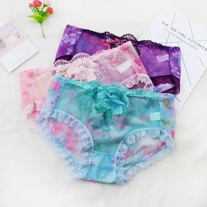 Culotte taille moyenne brodée de fleurs pour femmes, culotte en dentelle transparente commandée, slip sexy pour dames, sous-vêtement, 03/Wear