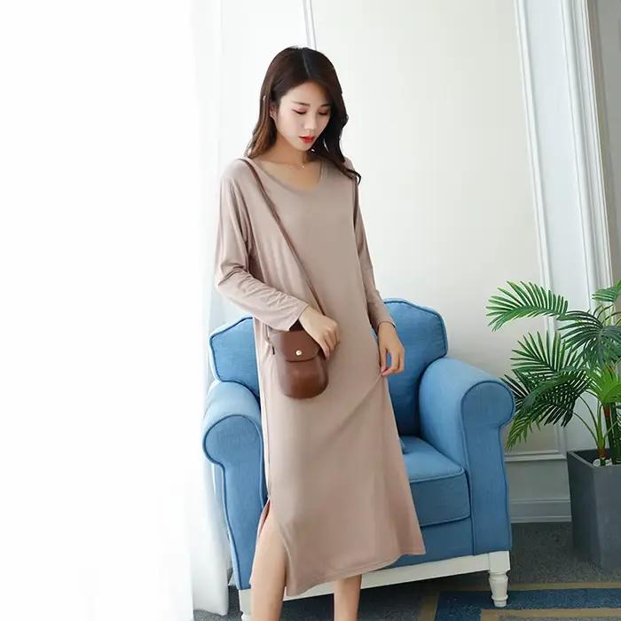 Printemps automne robe de nuit femmes ample grande chemise de nuit couleur unie chemises de nuit manches longues nuisette chemise de nuit vêtements de nuit modaux