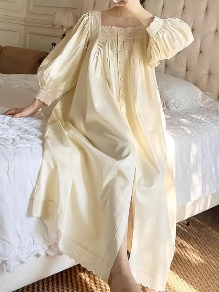 Femmes robe de nuit printemps automne pur coton à manches longues Peignoir romantique Vintage chemises de nuit vêtements de nuit princesse vêtements de nuit